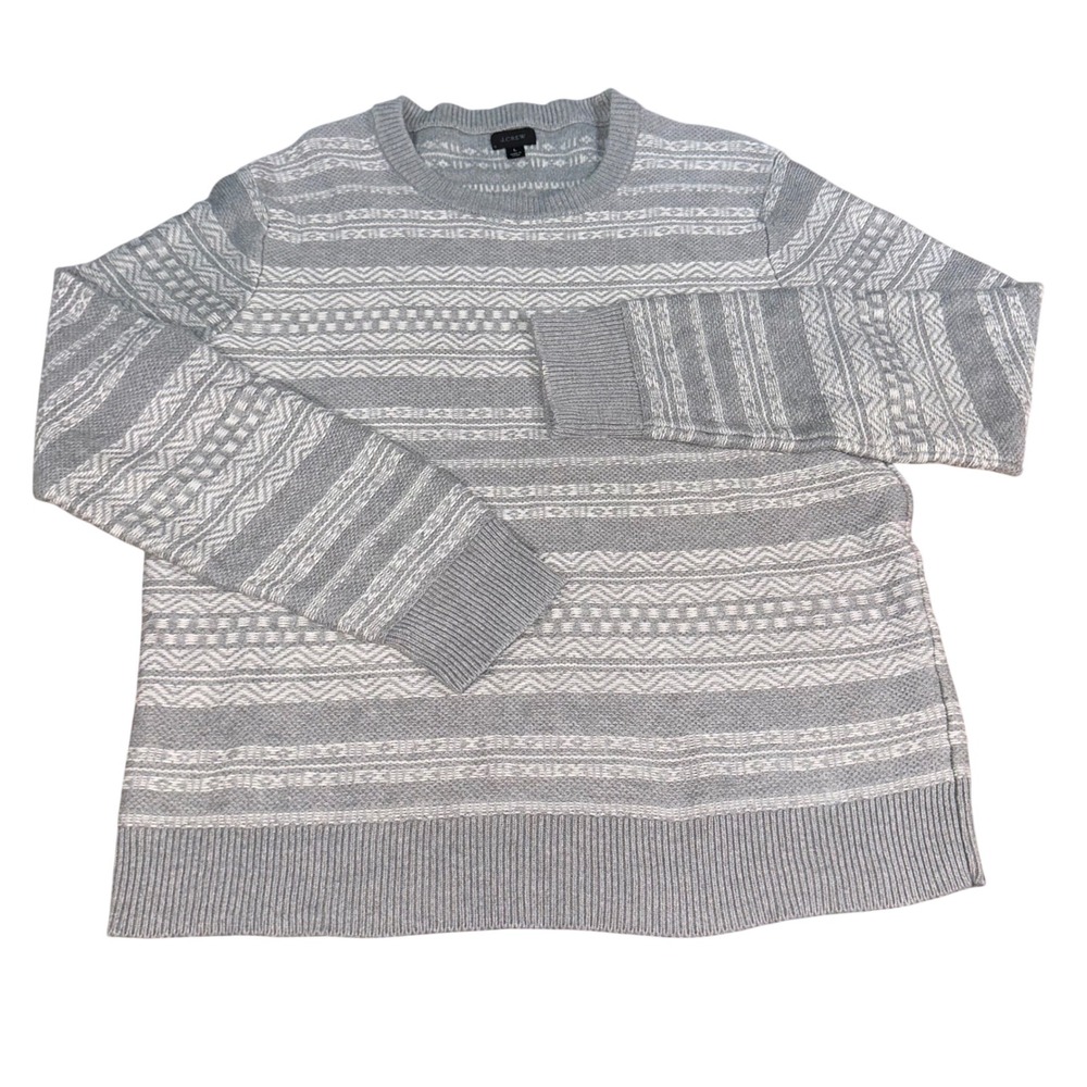 J.Crew Crewneck Sweater Gray Fair Isle Geometric Striped Cotton Pullover Women L
